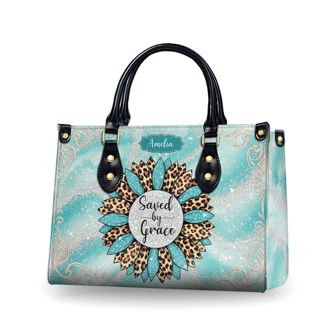 HB104 Saved by Grace Custom Handbag – Christian Purse with Name, Leopard Sunflower Faith Bag for Women, Religious Gift Idea