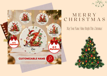 Personalized A-Z Letter Ornament Collection collage, featuring the letter Z and name hangers, with Christmas tree.
