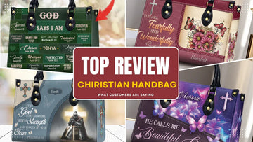 Top review collage of personalized Christian handbags with faith-inspired designs