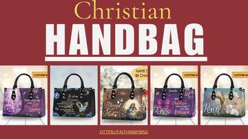 Five Christian handbags with faith-inspired designs, Bible verses, and personalized names displayed in a row.