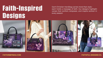 Faith-inspired Christian handbag designs featuring Scripture and personalized artwork.