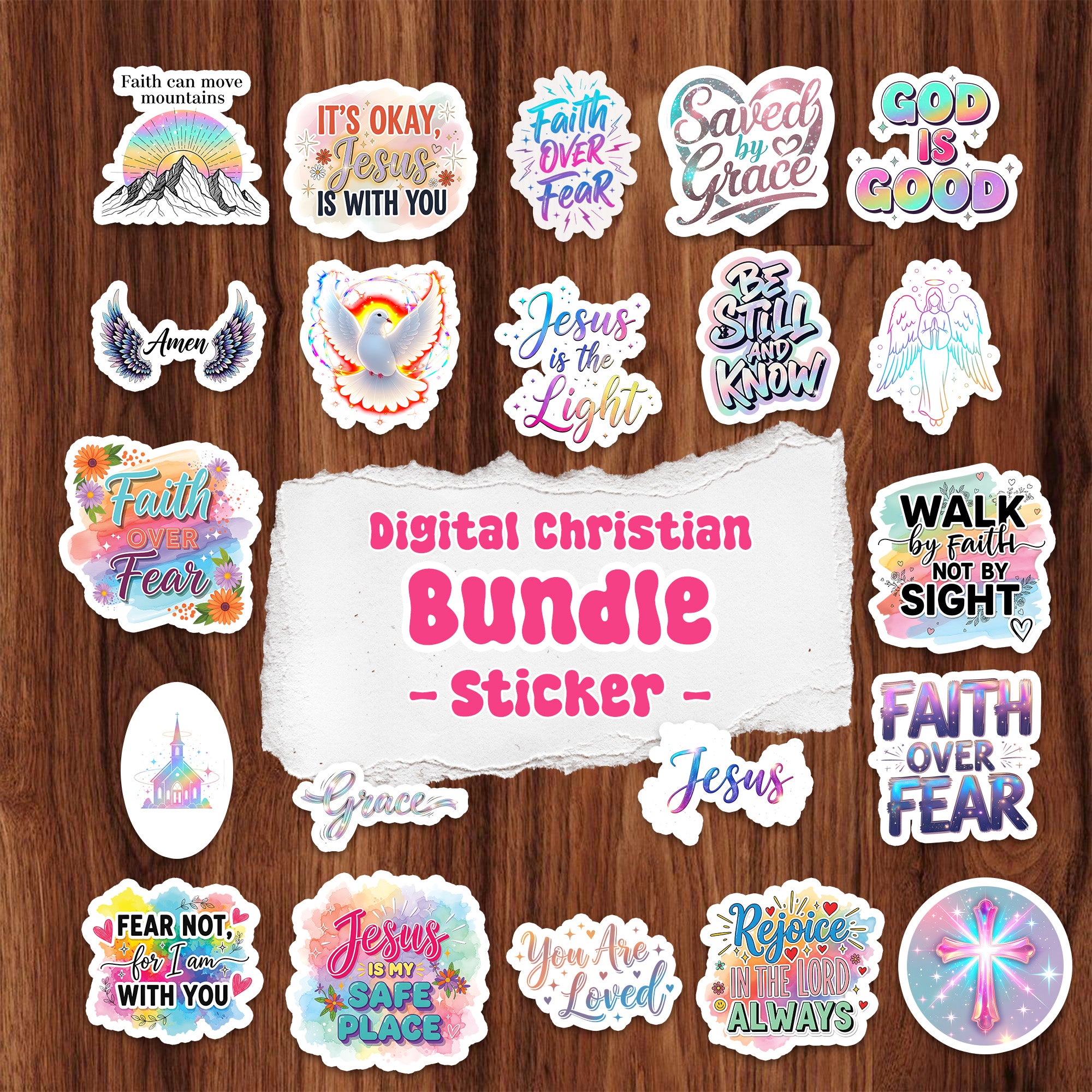 20+Digital Christian Sticker Bundle | Faith Quote PNG Pack | Bible Verse Stickers | Inspirational Religious Printable Design|STK13