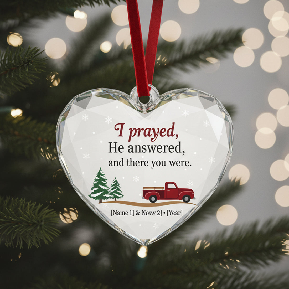 Personalized Heart Ornament – I Prayed He Answered, Christian Couple Gift, Red Truck Christmas Decoration|ONM45