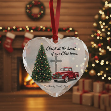 Personalized Christian Christmas Ornament, Christ at the Heart Glass Ornament, Family Name Red Truck Holiday Keepsake|ONM82