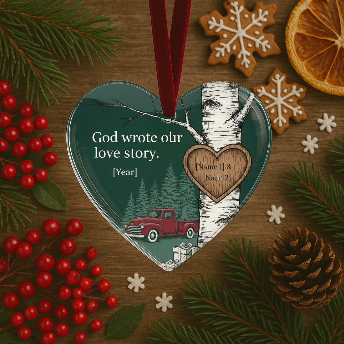Personalized Couple Christmas Ornament – “God Wrote Our Love Story”, Custom Heart Ornament with Names & Year, Christian Romantic Gift|ONM35