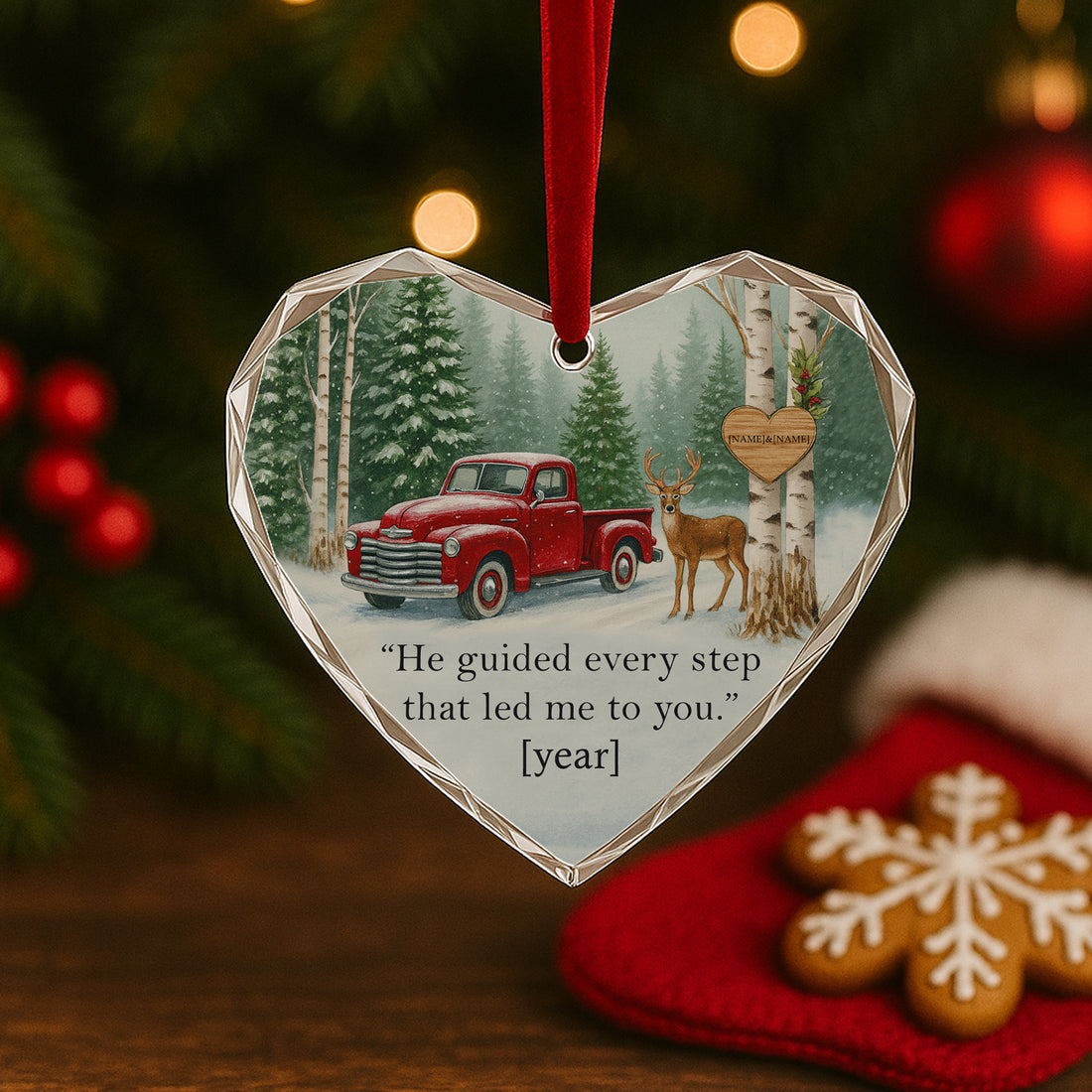 He Guided Every Step Ornament | Personalized Heart Ornament with Red Truck & Deer – Faith and Love Gift|ONM40