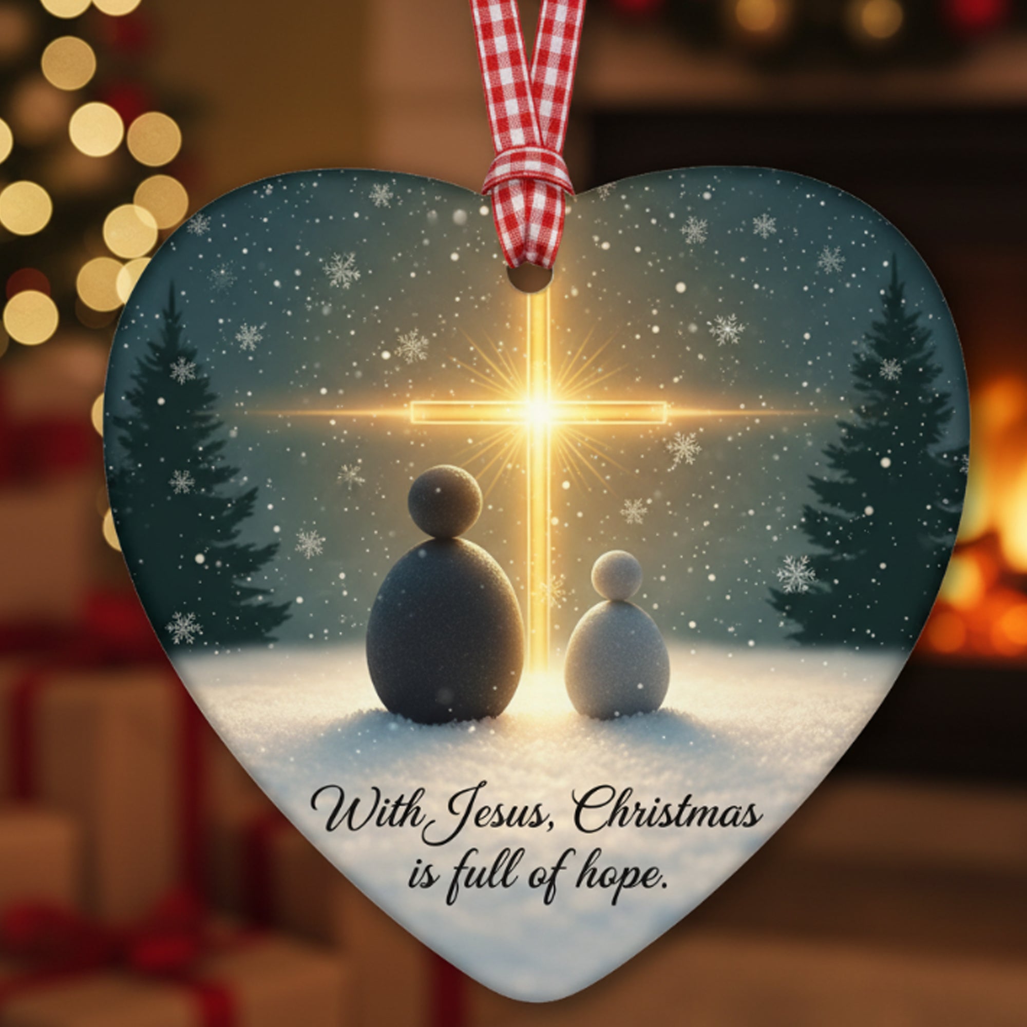 With Jesus Christmas Ornament – Heart Shaped Christian Decoration, Faith Hope Holiday Gift, Religious Ceramic Ornament|ONM09