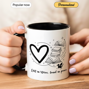 Lost in Stories Found in Peace Mug – Book Lover Accent Mug, Reading Coffee Cup Gift for Readers & Bookworms| Mug 93