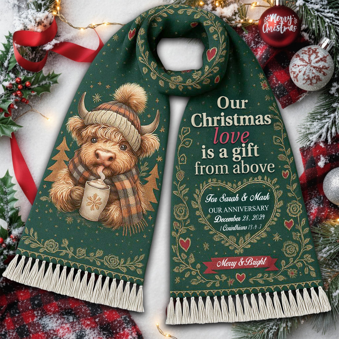 Personalized Christmas Scarf for Couple – Cute Highland Cow Christmas Gift, Cozy Winter Holiday Love Anniversary Present|SCR01
