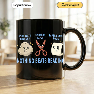 Funny Reading Mug – “Nothing Beats Reading” Rock Paper Scissors Design | Book Lover Coffee Cup for Readers & Bookworms | Mug 5
