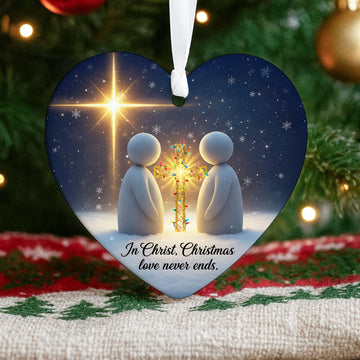 Religious Christmas Ornament – In Christ Christmas Love Never Ends, Heart Ceramic Ornament, Faith Based Holiday Decor|ONM04