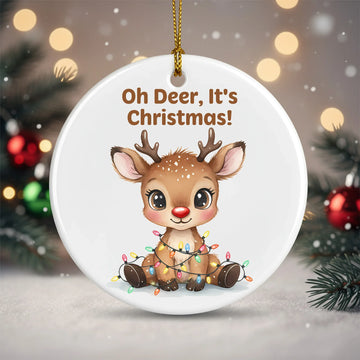 Oh Deer It’s Christmas Ornament, Cute Baby Reindeer Ornament, Funny Holiday Gift 2025, Ceramic Christmas Tree Decoration for Family | Ornament175