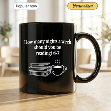 Reading Motivation Mug – How Many Nights a Week Should You Be Reading? – Black Ceramic Coffee Cup with Books & Steaming Cup Design – 11oz & 15oz| Mug 10