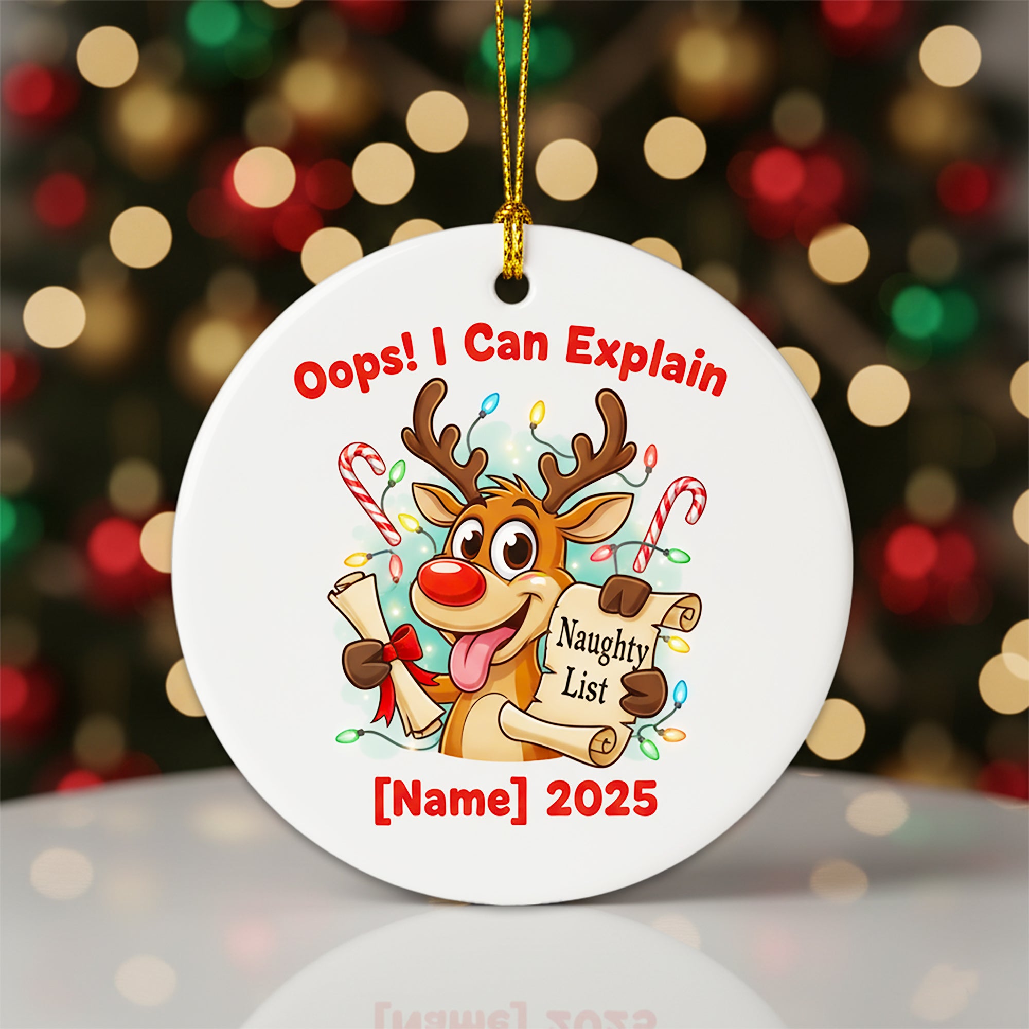 Oops I Can Explain Ornament, Funny Naughty List Ornament, Personalized Reindeer Christmas Ornament 2025, Custom Name Ornament | Ceramic153