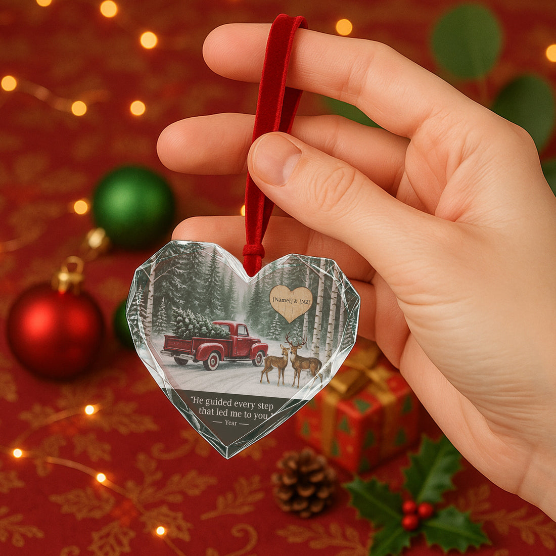 Personalized Heart Ornament for Couple – Red Truck Christmas Gift|ONM43