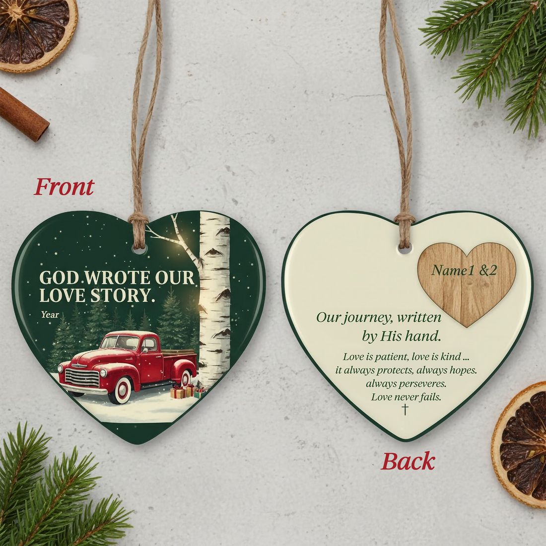 God Wrote Our Love Story Ornament, Custom Ceramic Heart Ornament, Red Truck Christmas Gift for Couple | Ornament114
