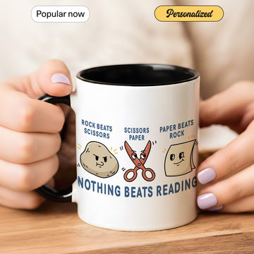 Nothing Beats Reading Coffee Mug | Cute Rock Paper Scissors Characters | Fun Book Lover Gift for Readers & Bookworms| Mug 5