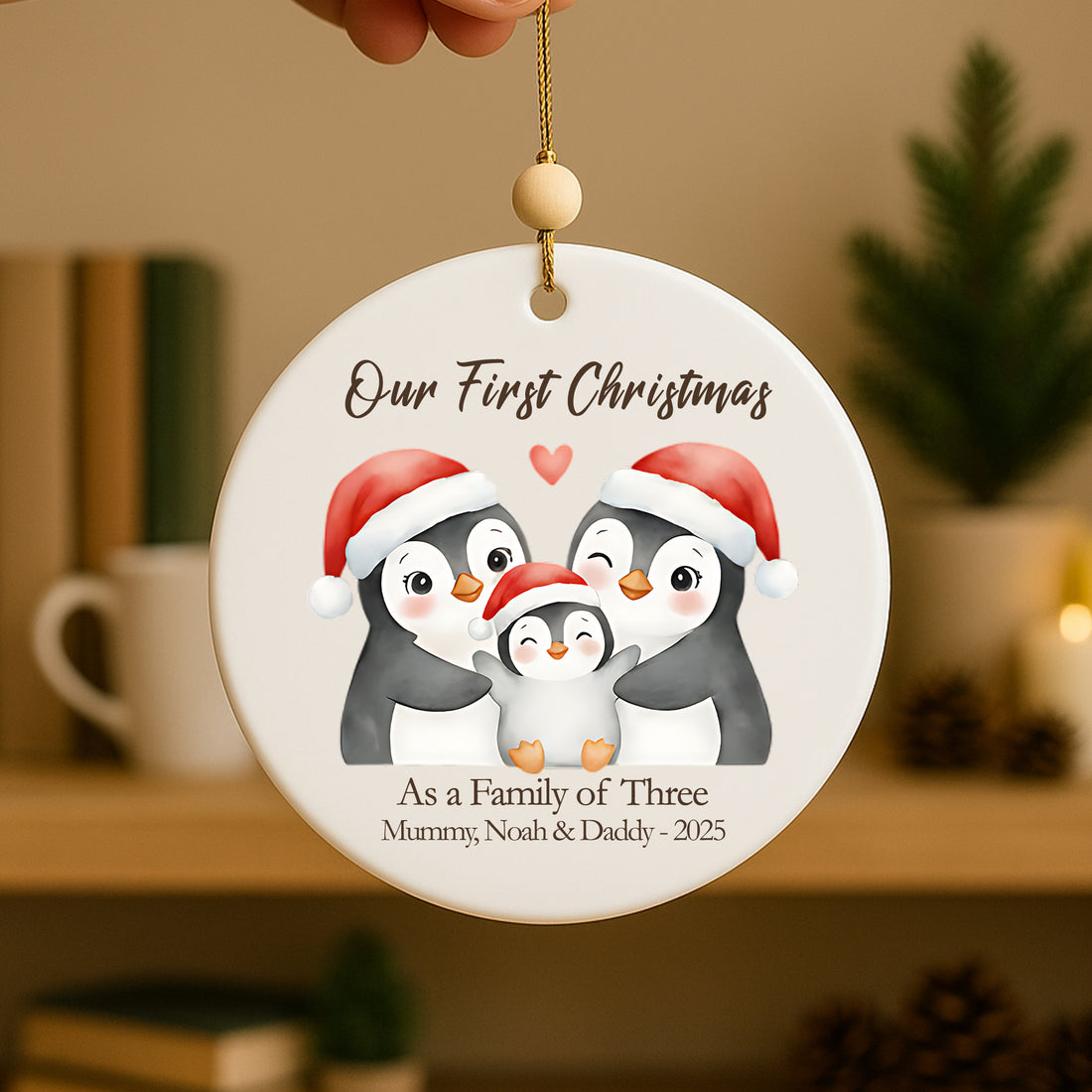 Personalized Family Ornament 2025, Our First Christmas Penguin Ornament, Family of Three Keepsake, New Parents Gift, Cute Holiday Decor|ONM76