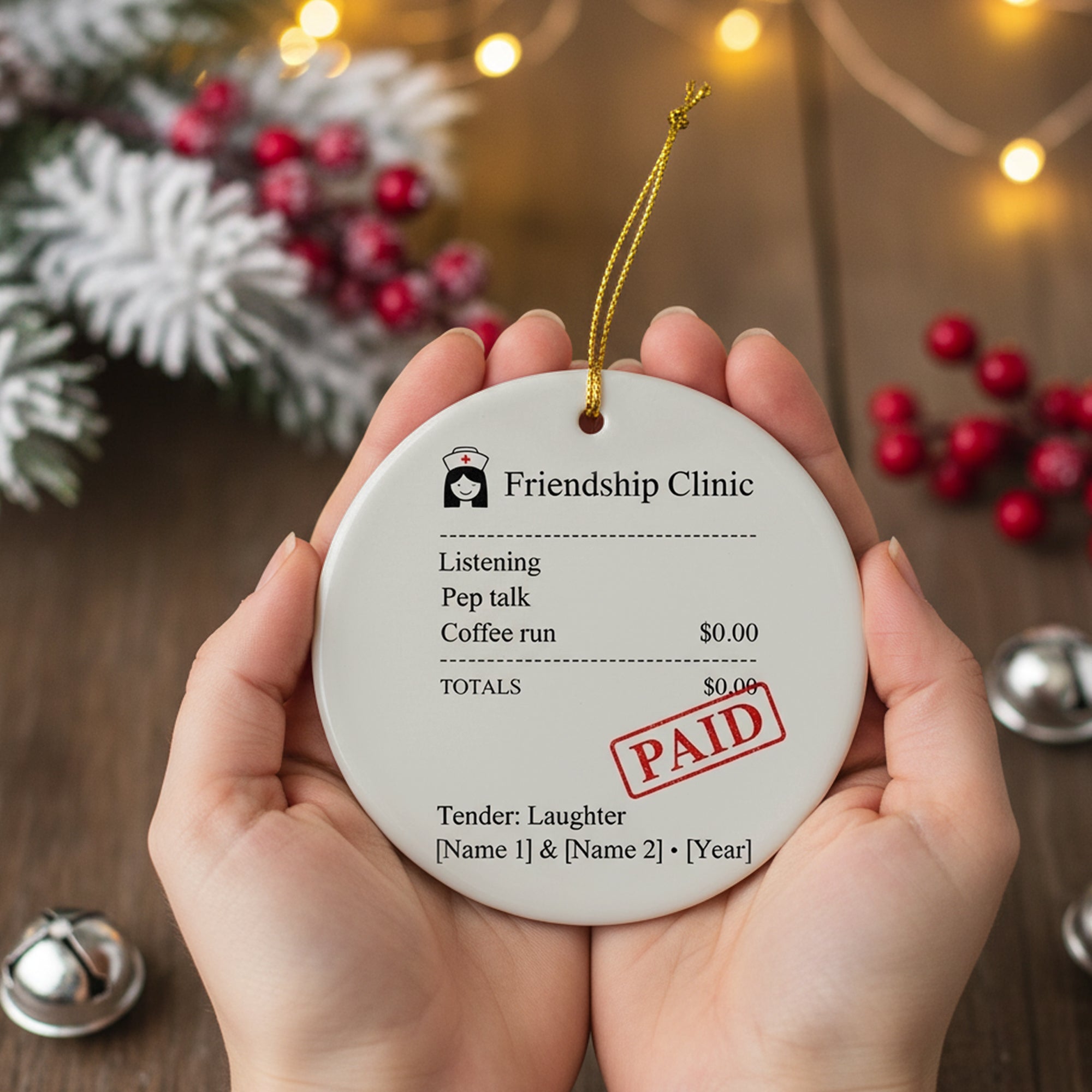 Friendship Clinic Ornament – Personalized Best Friend Gift, Funny Receipt Ceramic Ornament, Custom Names & Year Christmas Keepsake|ONM22