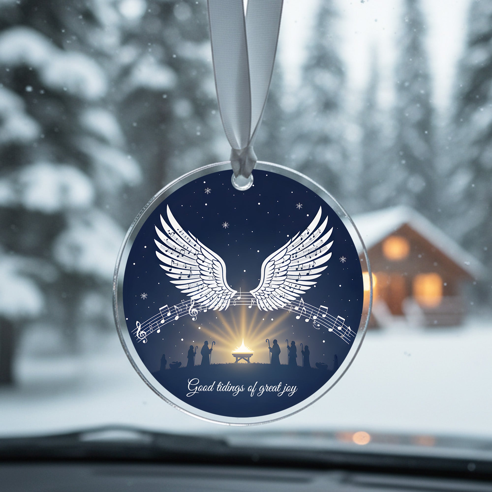 Religious Christmas Ornament – Angel Wings & Nativity Scene, Good Tidings of Great Joy, Inspirational Faith Gift|ONM25