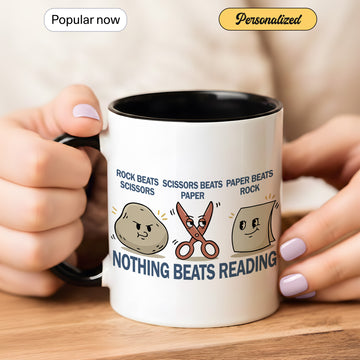 Funny Nothing Beats Reading Mug – Rock Paper Scissors Book Lover Cup, Reading Humor Gift for Readers & Teachers| Mug 160