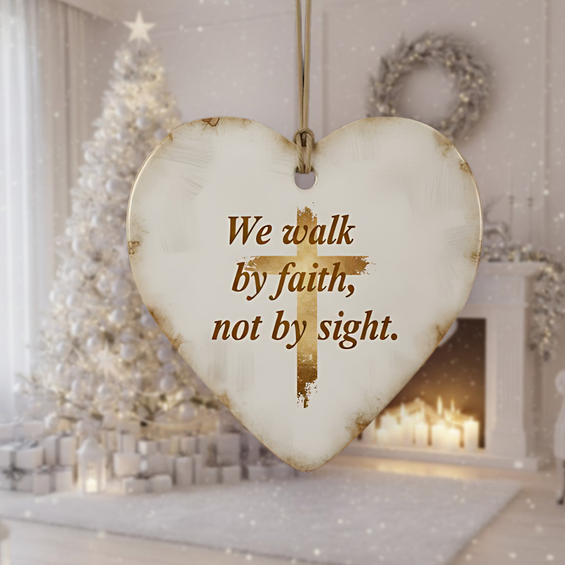 We Walk By Faith Ornament,  Christian Heart Ceramic Ornament, Religious Christmas Decor, Bible Verse Gift, Faith Home Keepsake | Ornament113