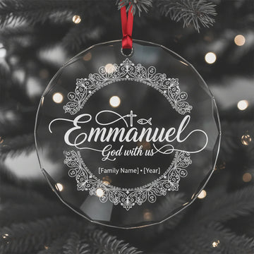 Emmanuel God With Us Ornament | Custom Glass Christmas Ornament Round or Heart | Personalized Family Name & Year | Christian Gift| Ornament189