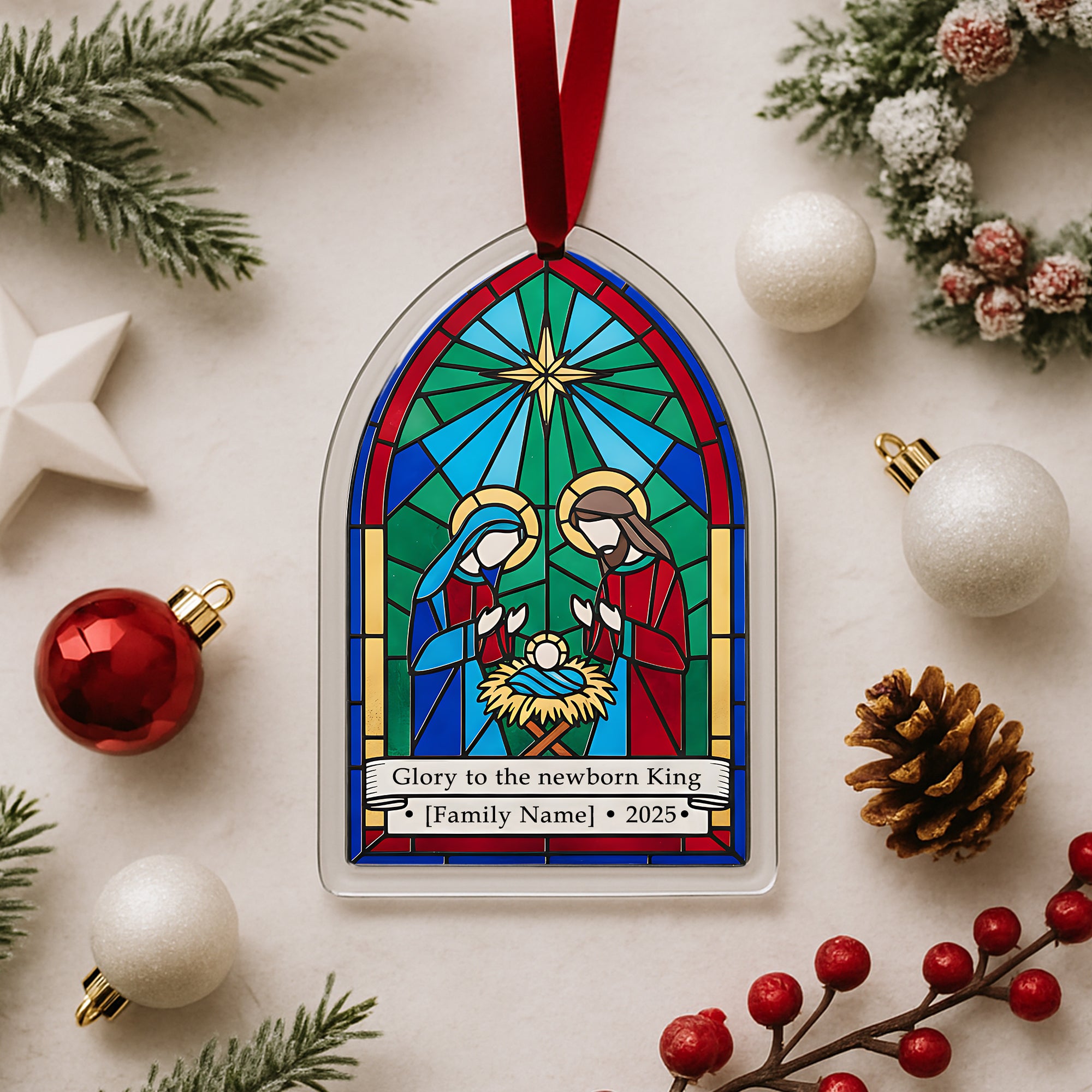 Custom Family Acrylic Ornament – Glory to the Newborn King – Holy Family Nativity 2025 – Religious Christmas Decor|ONM51