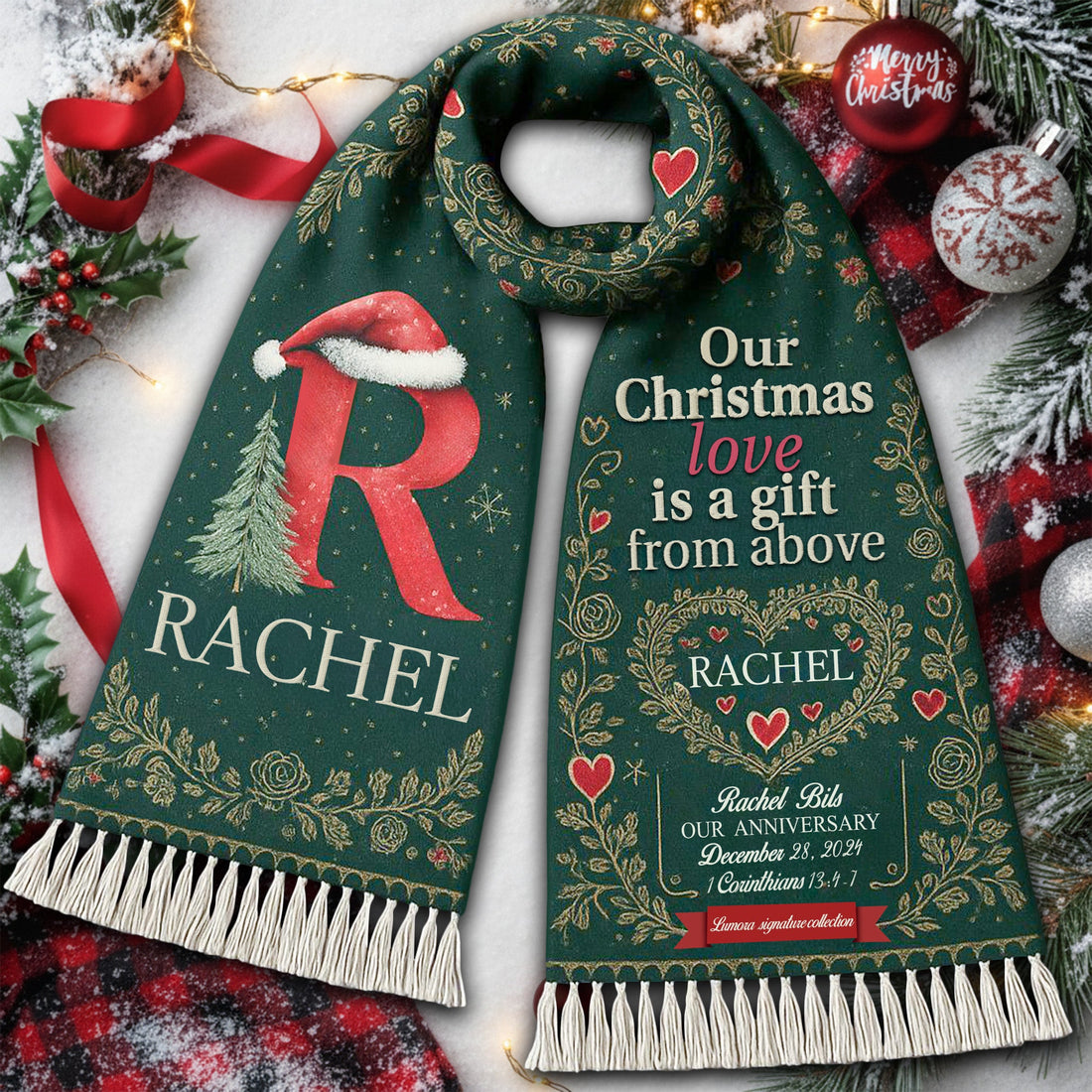 Personalized Christmas Scarf with Initial – Custom Name Scarf for Couple, Holiday Love Gift, Cozy Winter Highland Cow Style|SCR02