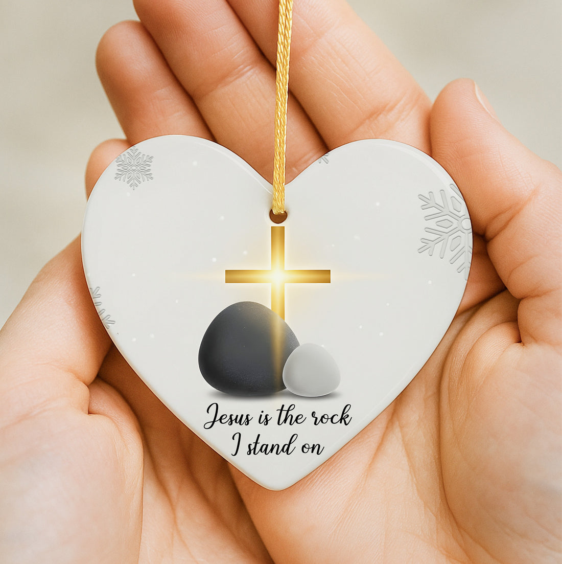 Jesus Is the Rock I Stand On Heart Ornament – Christian Ceramic Decoration, Religious Christmas Gift for Believers|ONM05