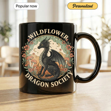 Wildflower Dragon Society Mug – Cottagecore Dragon Coffee Cup for Fantasy Lovers, Cute Black Dragon Gift for Readers & Gamers | Mug 131