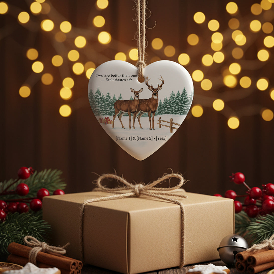 Personalized Deer Couple Christmas Ornament, Custom Heart Ornament with Names & Year, Christian Scripture Ornament, Holiday Family Keepsake Gift|ONM19