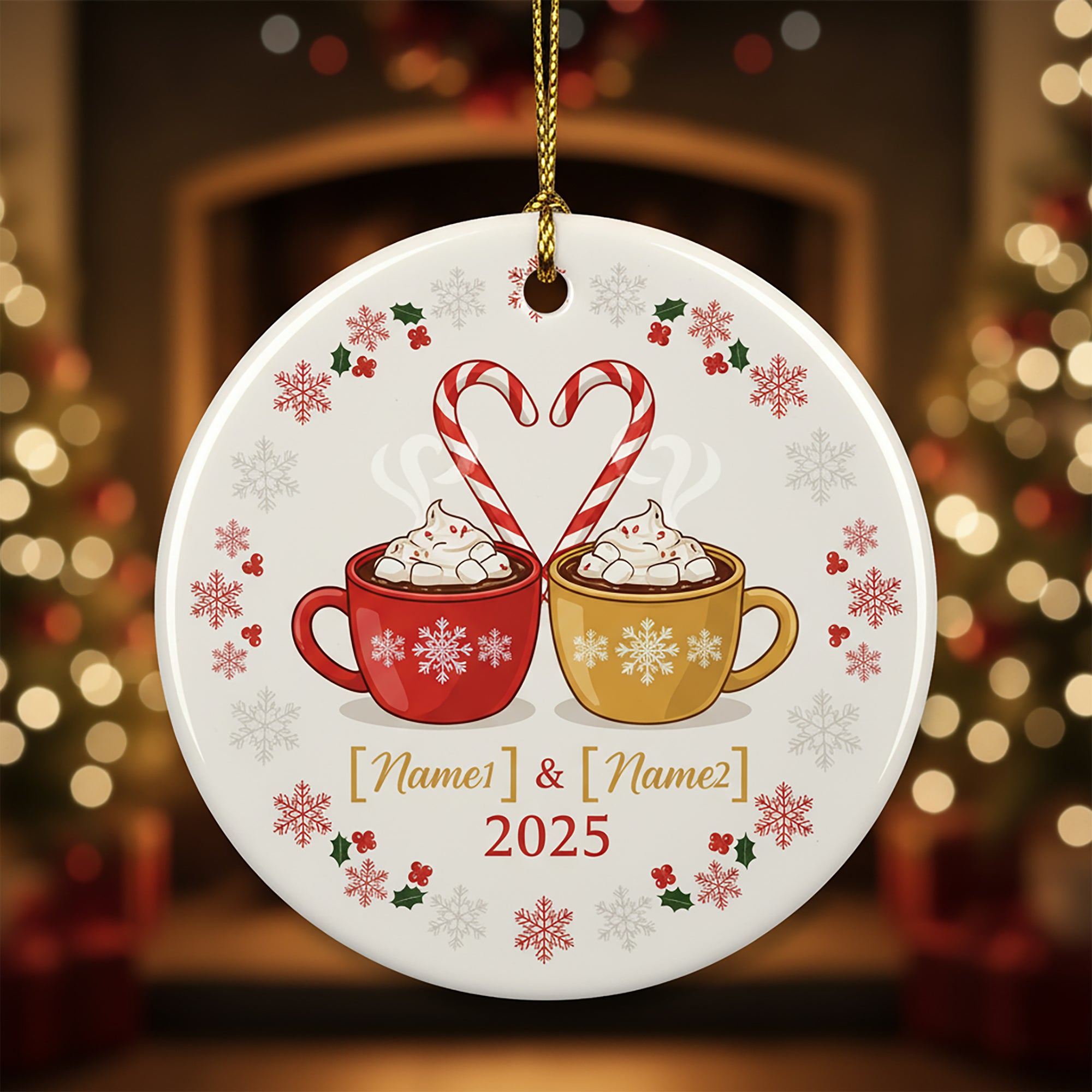 Personalized Couple Ornament 2025, Custom Name Hot Cocoa Christmas Ornament, Romantic Ceramic Keepsake Gift for Husband Wife or Newlyweds | Ornament176