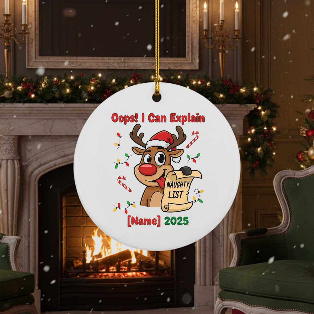Personalized Naughty List Ornament 2025, Funny Reindeer Christmas Ornament, Custom Name Holiday Gift, Cute Ceramic Tree Decoration for Kids | Ornament178