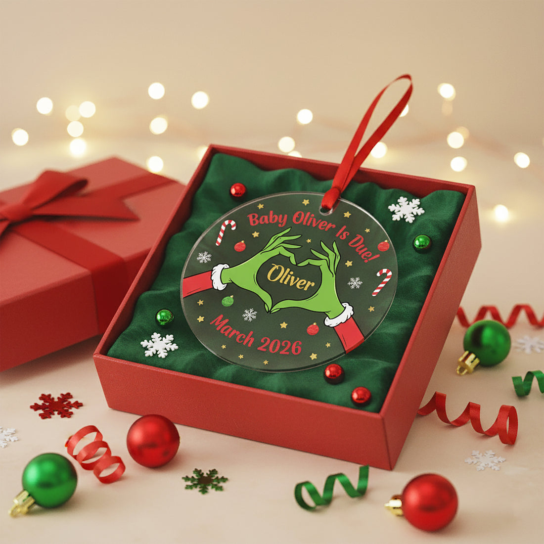 Baby Announcement Ornament 2026 | Grinch Hands Design | Custom Name & Due Date Christmas Gift | Ornament186