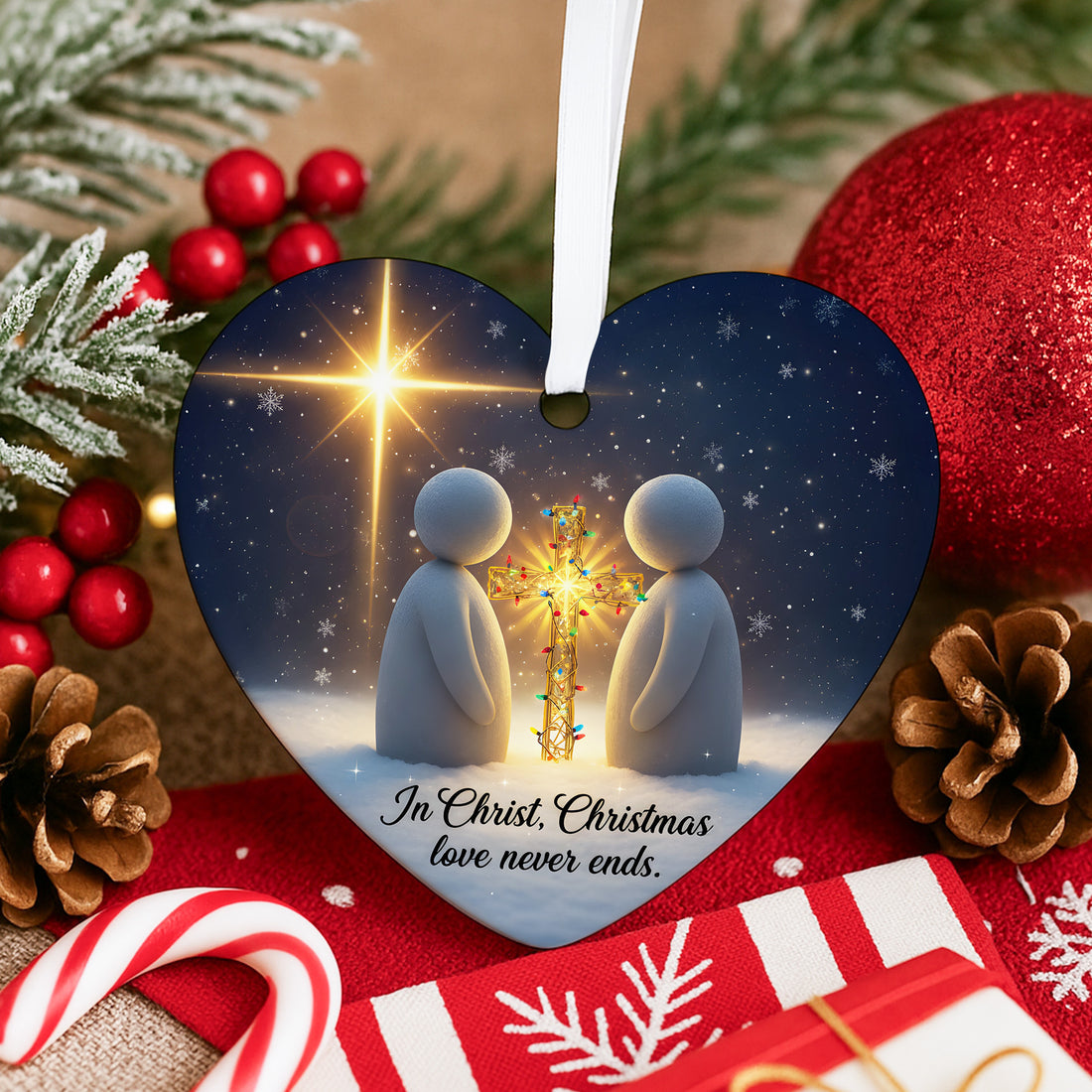 Religious Christmas Ornament – In Christ Christmas Love Never Ends, Heart Ceramic Ornament, Faith Based Holiday Decor|ONM04