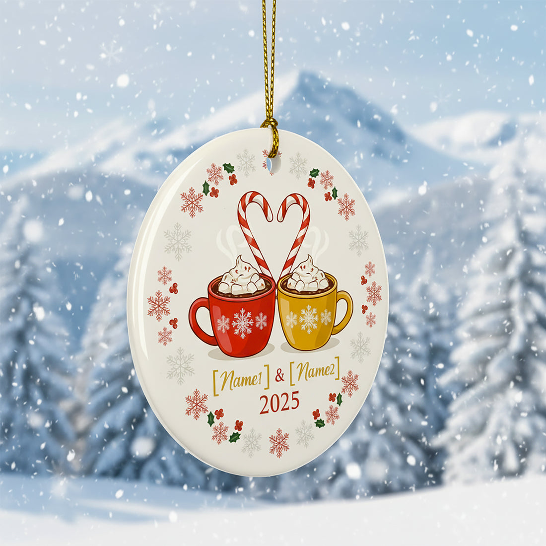 Personalized Couple Ornament 2025, Custom Name Hot Cocoa Christmas Ornament, Romantic Ceramic Keepsake Gift for Husband Wife or Newlyweds | Ornament176