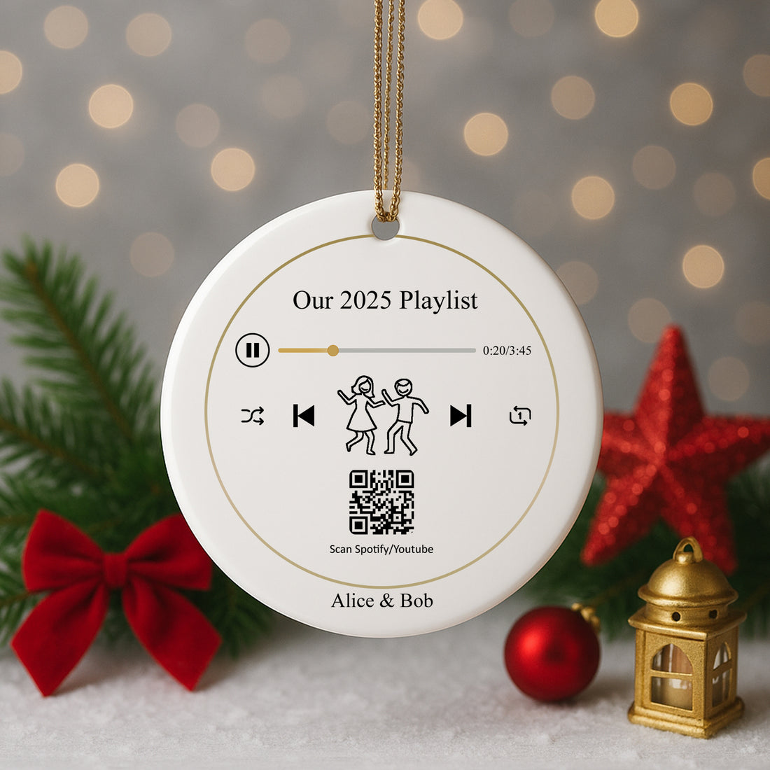 2 Ceramic Ornaments Set | Funny Recipe & Spotify Playlist Decor | Personalized Christmas Gift for Friends or Couples|ONMCB30