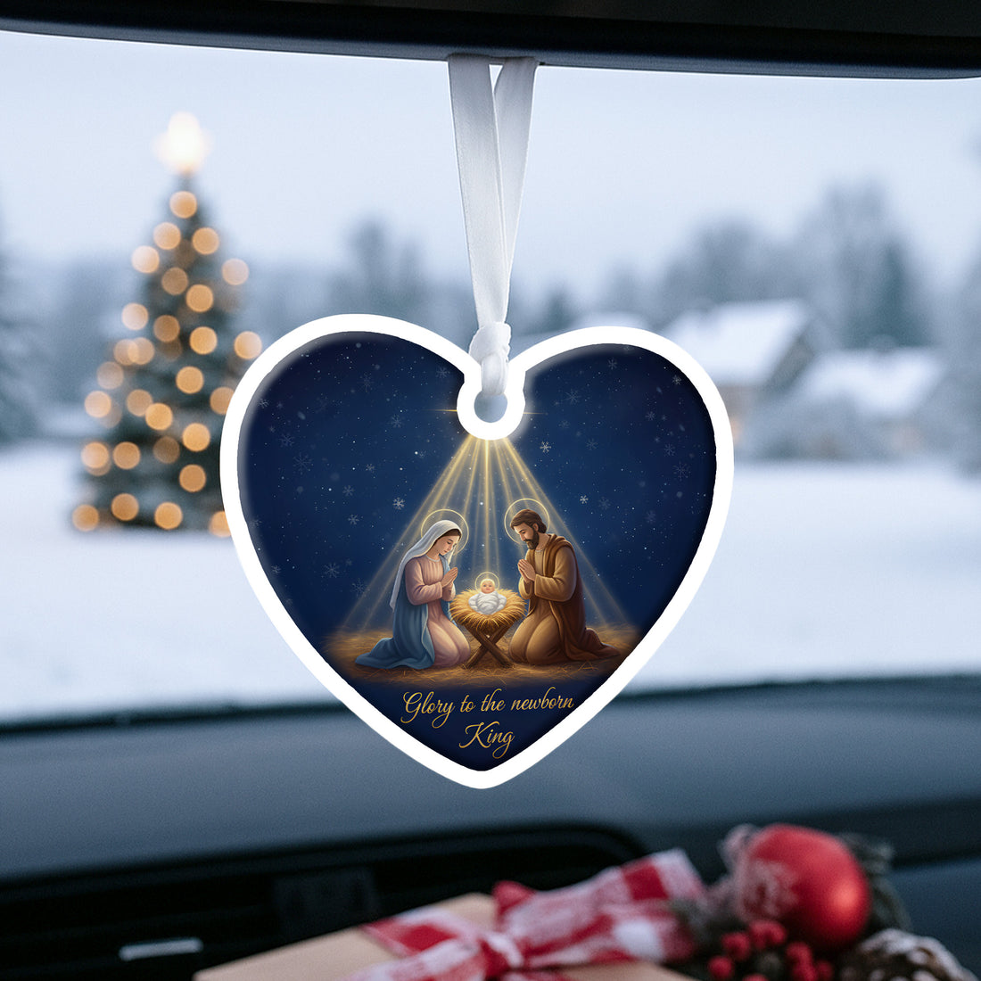Glory to the Newborn King Ornament – Heart Shaped Nativity Scene, Holy Family Christmas Decoration, Christian Holiday Gift|ONM03