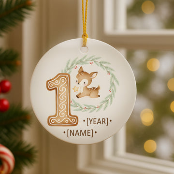 Baby’s First Christmas Ornament – Personalized Ceramic Ornament with Name & Year | Custom Deer Keepsake Gift for Newborn|ONM63