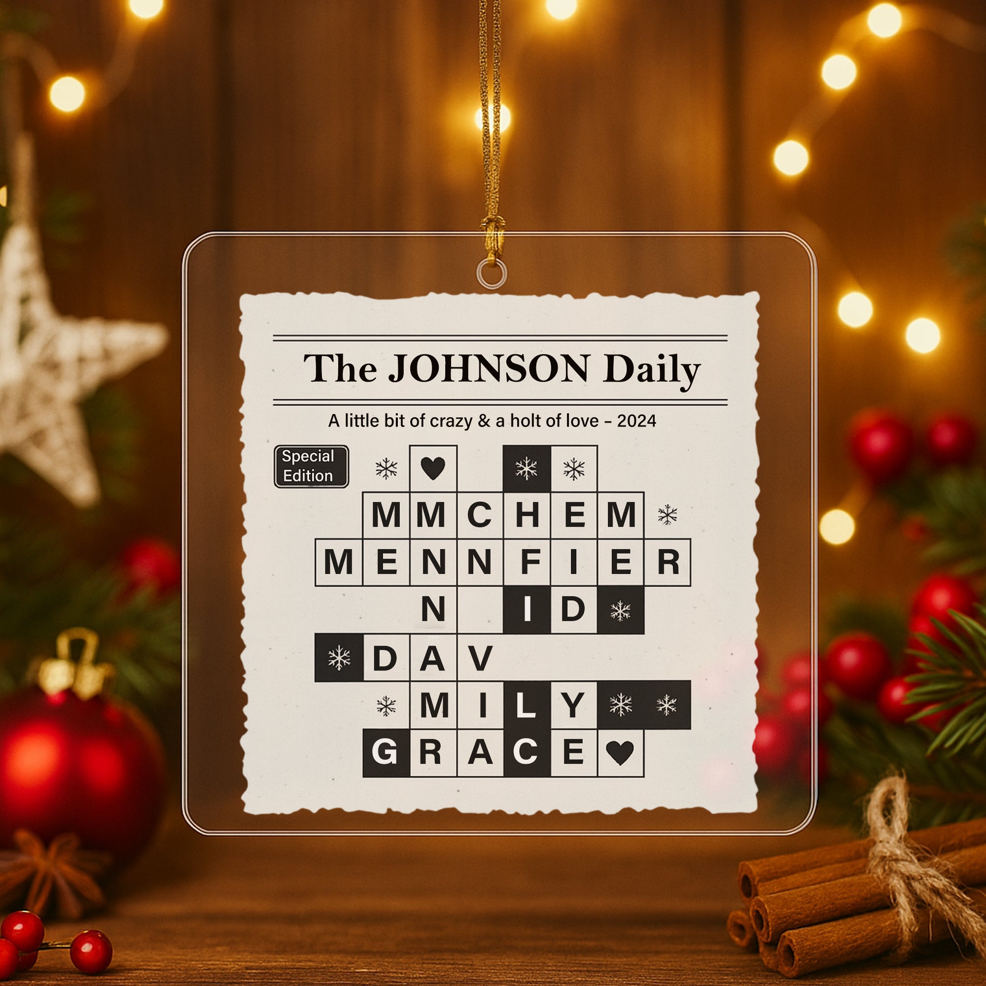 Personalized Family Crossword Ornament, Custom Acrylic Christmas Ornament, Unique Family Name Keepsake Gift, Newspaper Style Decor|ONM79