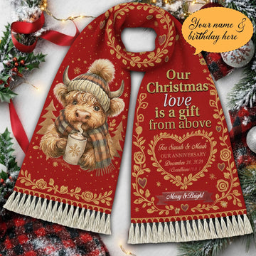 Personalized Christmas Scarf for Couple – Cute Highland Cow Christmas Gift, Cozy Winter Holiday Love Anniversary Present|SCR01