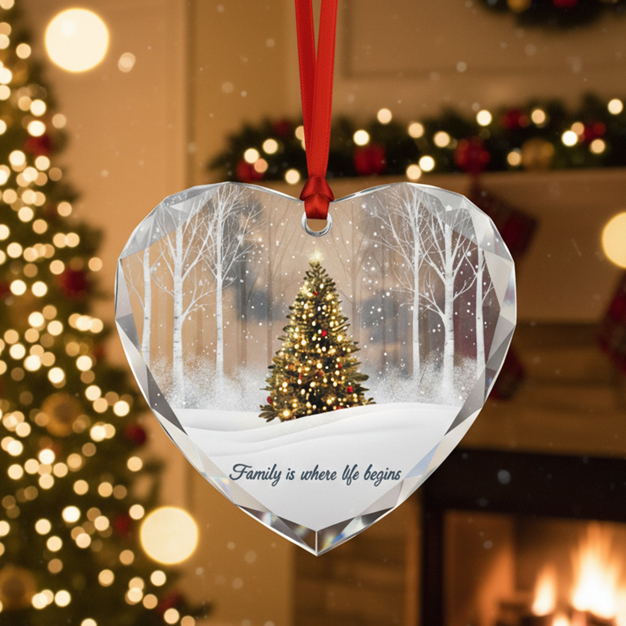 Family Glass Heart Ornament, Christmas Tree Ornament, Family Is Where Life Begins, Glass Heart Keepsake, Holiday Home Decoration|ONM92