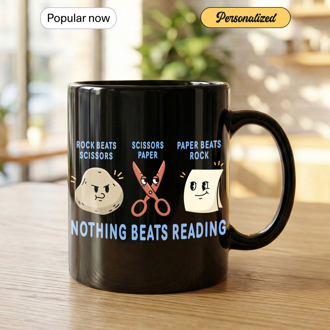 Funny Reading Mug – “Nothing Beats Reading” Rock Paper Scissors Design | Book Lover Coffee Cup for Readers & Bookworms | Mug 5