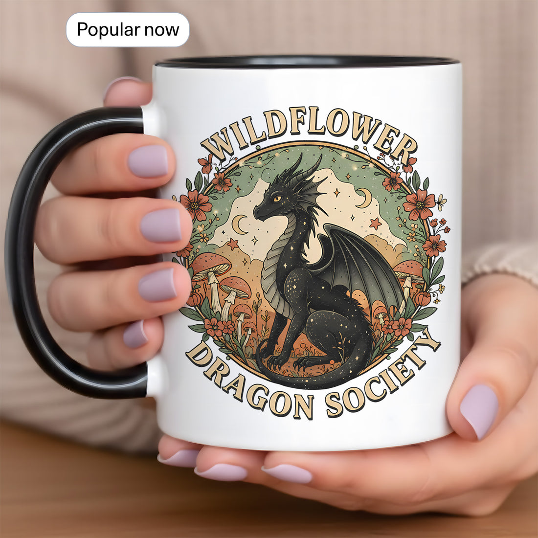 Wildflower Dragon Society Accent Mug – Cottagecore Dragon Coffee Cup, Fantasy Gift for Dragon Lovers, 11oz/15oz| Mug 131