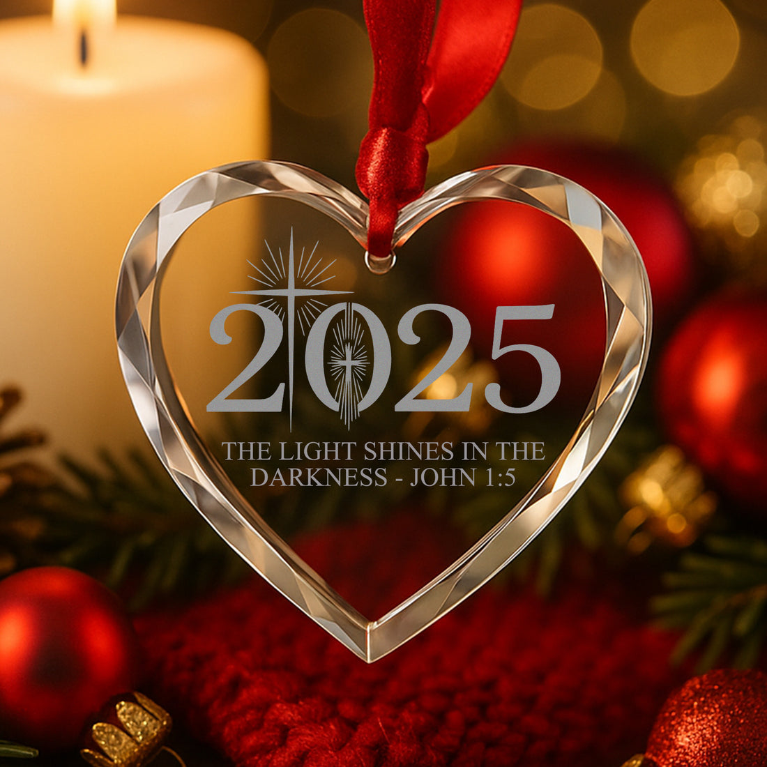 Christian Christmas Ornament 2025 Heart Shape – The Light Shines in the Darkness John 1:5 – Religious Crystal Ornament Gift|ONM49