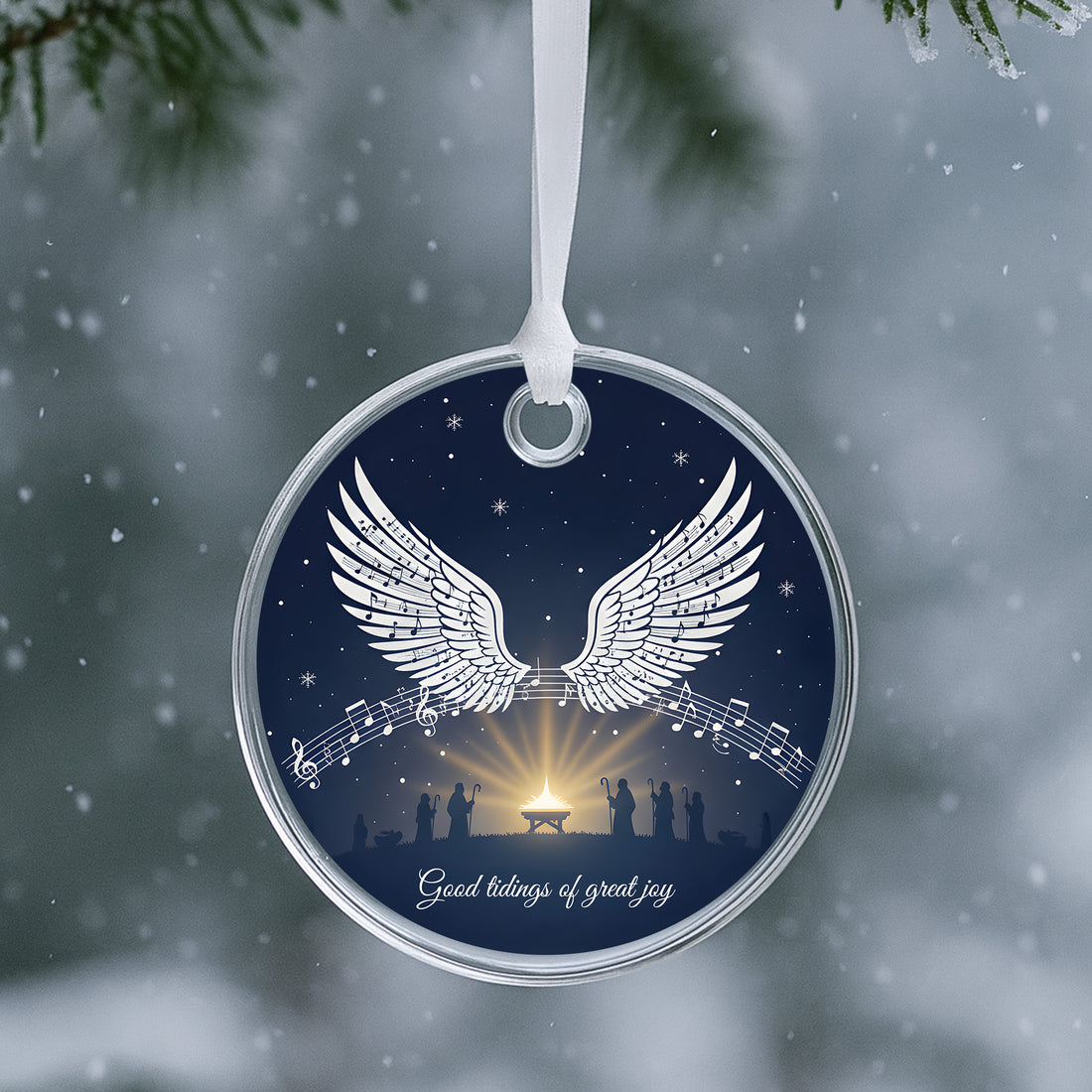 Religious Christmas Ornament – Angel Wings & Nativity Scene, Good Tidings of Great Joy, Inspirational Faith Gift|ONM25