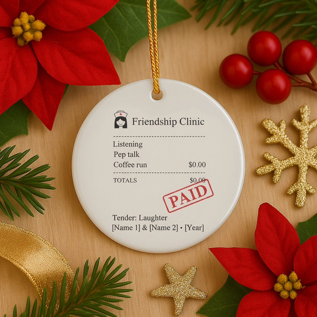 Friendship Clinic Ornament – Personalized Best Friend Gift, Funny Receipt Ceramic Ornament, Custom Names & Year Christmas Keepsake|ONM22