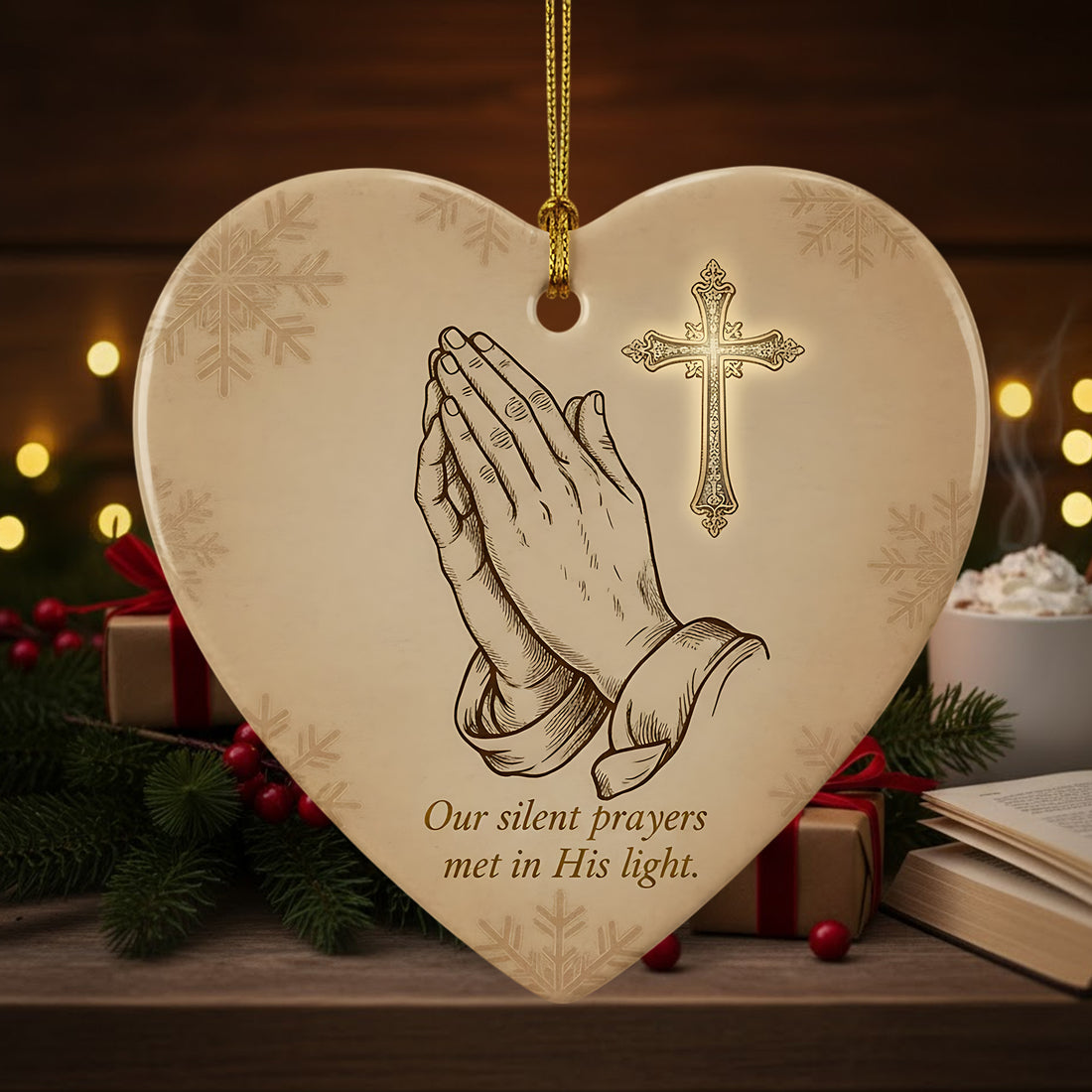 Our Silent Prayers Ornament, Christian Heart Ceramic Ornament, Religious Faith Gift, Prayer Hands Decor, Spiritual Christmas Keepsake | Ornament116