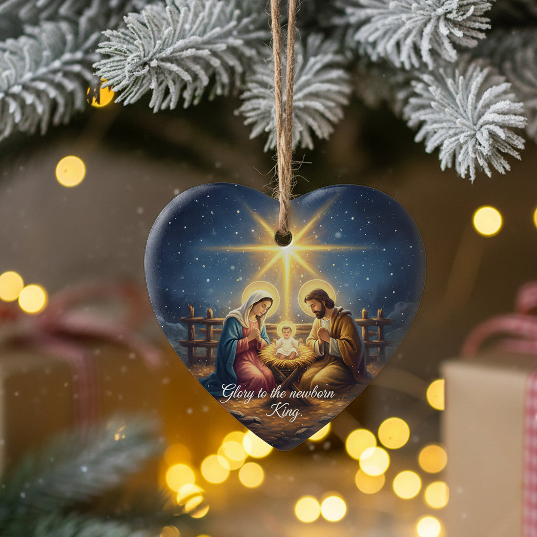 Nativity Heart Ornament – Glory to the Newborn King Christmas Decoration, Holy Family Ornament, Christian Gift for Home or Tree|ONM01